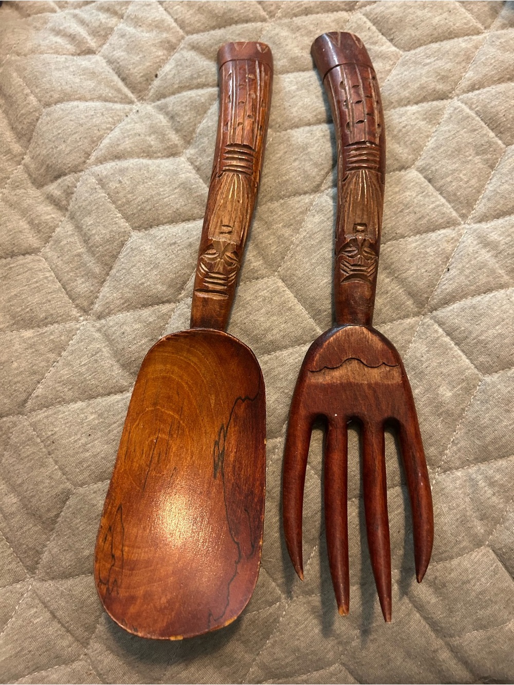 Hand-Carved Wooden Salad Serving Spoon and Fork - Brown